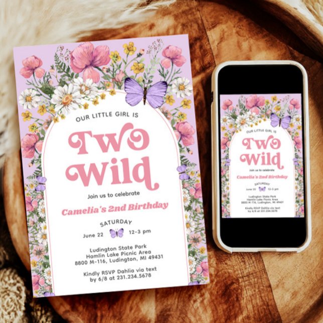 Bjud på födelsedagen för Wildblomsblomma, två Vild Inbjudningar (Two Wild Wildflower Butterfly Birthday Invitation)