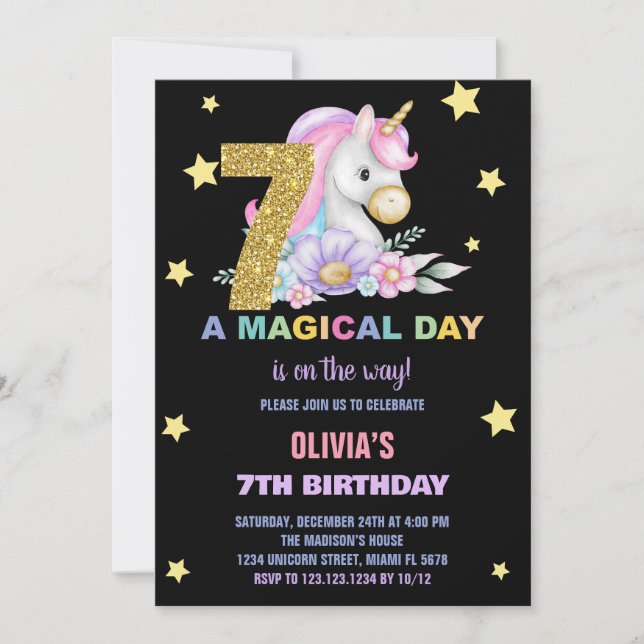 Bjud på födelsedagen i 7:e Blommigt Unicorn Inbjudningar (Framsida)