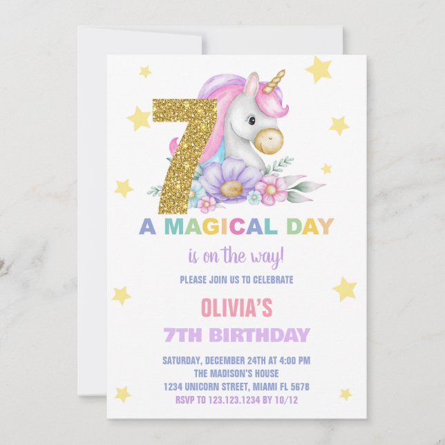 Bjud på födelsedagen i 7:e Blommigt Unicorn Inbjudningar (Framsida)