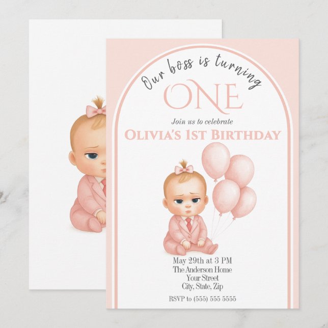 Bjud på födelsedagen i chef Flicka - Rosa Pastel Inbjudningar (Fram/baksida)