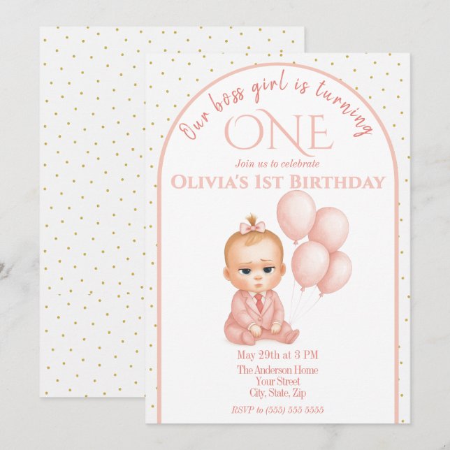 Bjud på födelsedagen i chef Flicka - Rosa Pastel Inbjudningar (Fram/baksida)