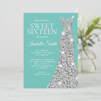 Bjud på födelsedagen i Glitter Teal Sweet sixteen Inbjudningar