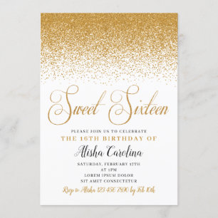 Bjud på födelsedagen i guld Glitter Sweet sixteen Inbjudningar