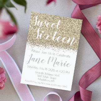 Bjud på födelsedagen i guld Glitter Sweet sixteen Inbjudningar