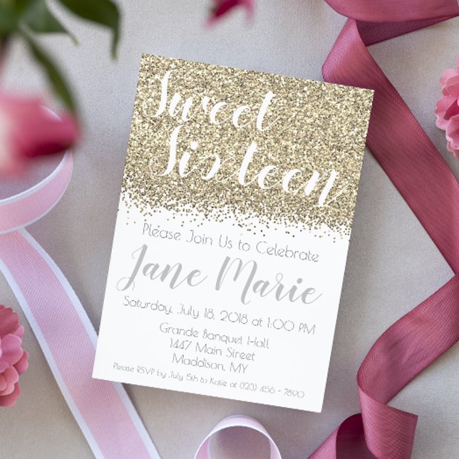 Bjud på födelsedagen i guld Glitter Sweet sixteen Inbjudningar (Skapare uppladdad)