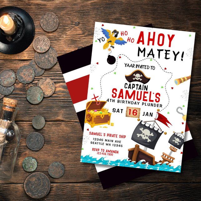 Bjud på födelsedagen i pirat, Ahoy Pirat Party Inbjudningar (pirate birthday invitation for kids)
