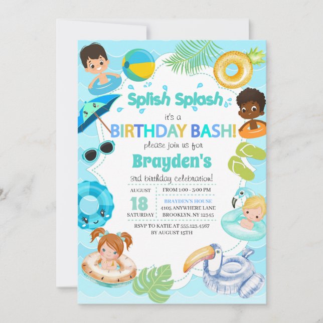 Bjud på födelsedagen i stänk Bassäng Party - pojke Inbjudningar (Framsida)