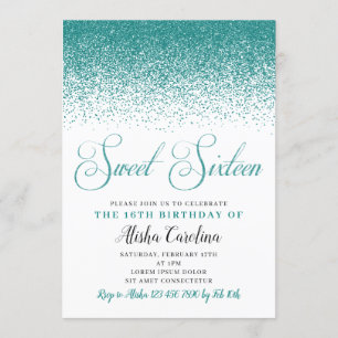 Bjud på födelsedagen i Teal Glitter Sweet sixteen Inbjudningar