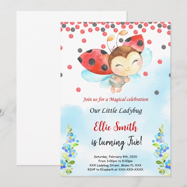 Bjud på födelsedagen i Vatten Färg Ladybug Inbjudningar (Fram/baksida)