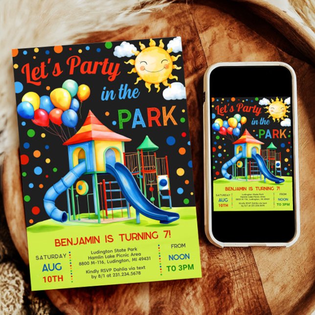 Bjud på födelsedagen - Party i parken Inbjudningar (Playground Birthday Invitation - Party in the Park)