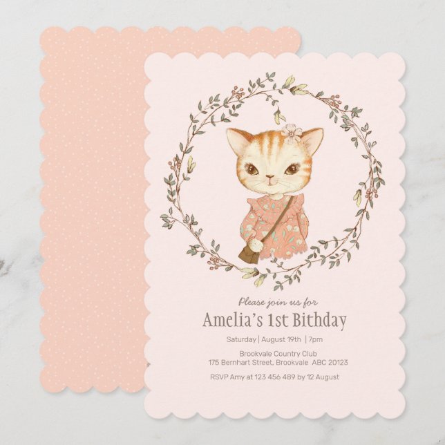 Bjud på födelsedagsinbjudan till Cute Vintage Cat  Inbjudningar (Fram/baksida)