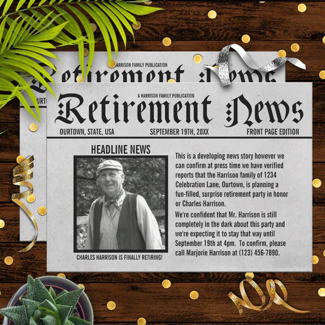 Bjud på Front Page Newspaper Pension Party-inbjuda Inbjudningar (Skapare uppladdad)