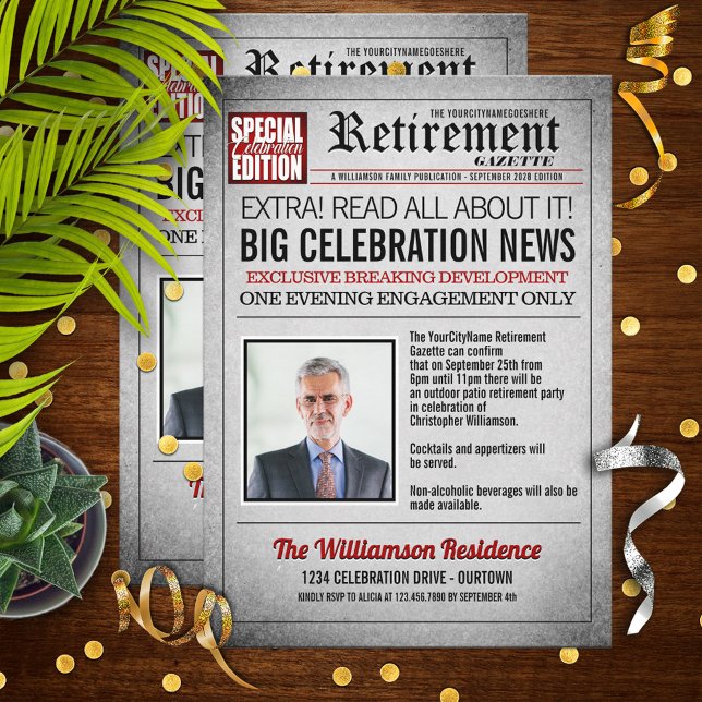 Bjud på Front Page Newspaper Pension Party-inbjuda Inbjudningar (Skapare uppladdad)