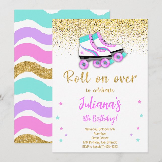 Bjud på Gyllene Glitter Roller Skate Birthday bjud Inbjudningar (Fram/baksida)