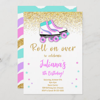 Bjud på Gyllene Glitter Roller Skate Birthday bjud Inbjudningar