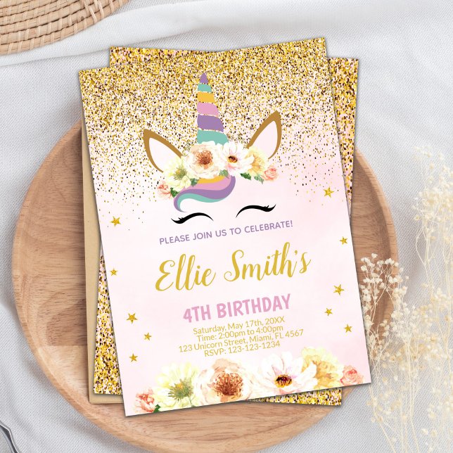 Bjud på gyllene Glitter Unicorn Birthday-inbjudan Inbjudningar (Golden Glitter Unicorn Birthday Invitations)