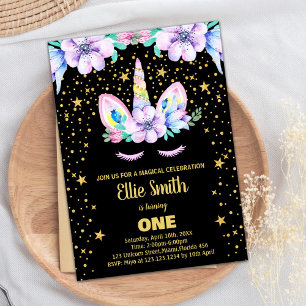 Bjud på gyllene Lila Black Unicorn Birthday-inbjud Inbjudningar