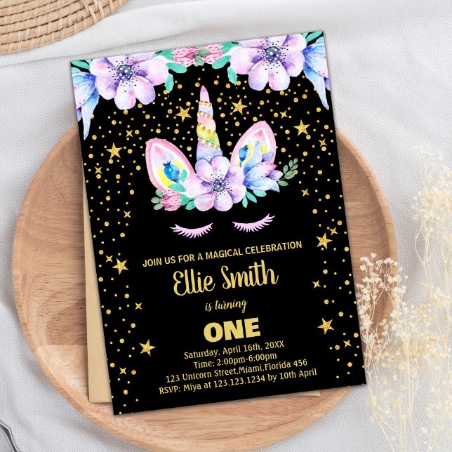 Bjud på gyllene Lila Black Unicorn Birthday-inbjud Inbjudningar (Golden Purple Black Unicorn Birthday Invitations)