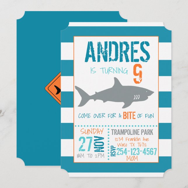Bjud på haj på födelsedagen inbjudningar (Fram/baksida)
