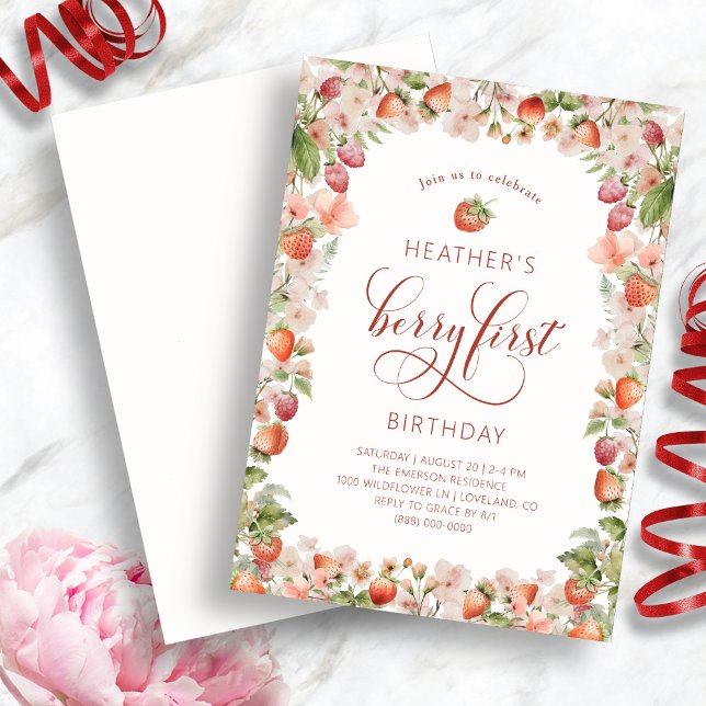 Bjud på jordgubbsdagen inbjudningar (White Strawberry Berry First  Birthday Invitations by Painted Paperie
)