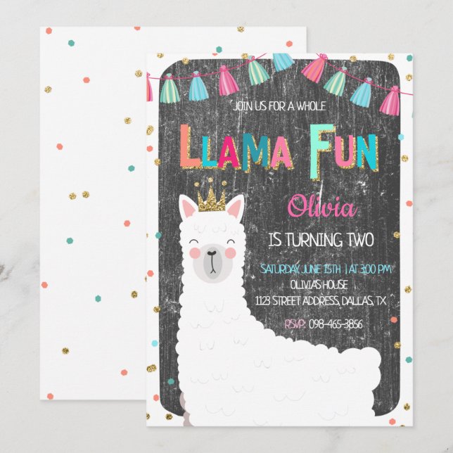 Bjud på Llama Chalkboard Birthday-inbjudan Inbjudningar (Fram/baksida)