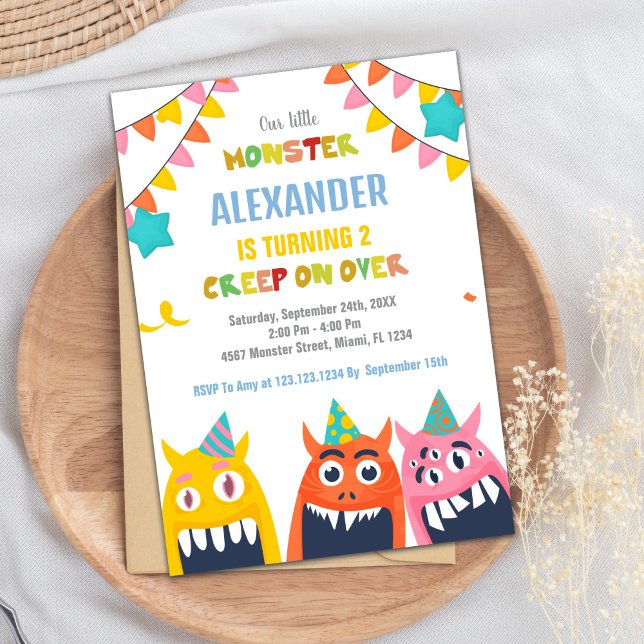Bjud på måndagskorgen Färg Flaggor Inbjudningar (Monster Birthday Invitations Colour Flags)
