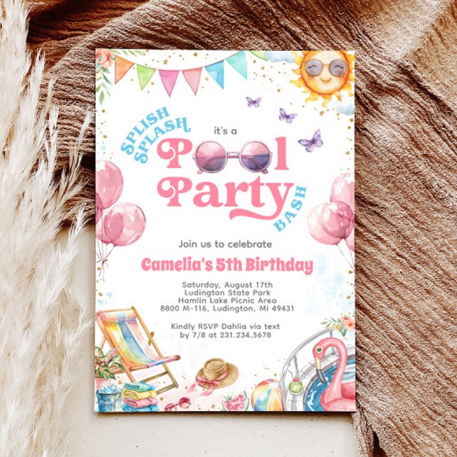 Bjud på spanska Stänk Bassäng Party-födelsedagsinb Inbjudningar (Splish Splash Pool Party Birthday Invitation)