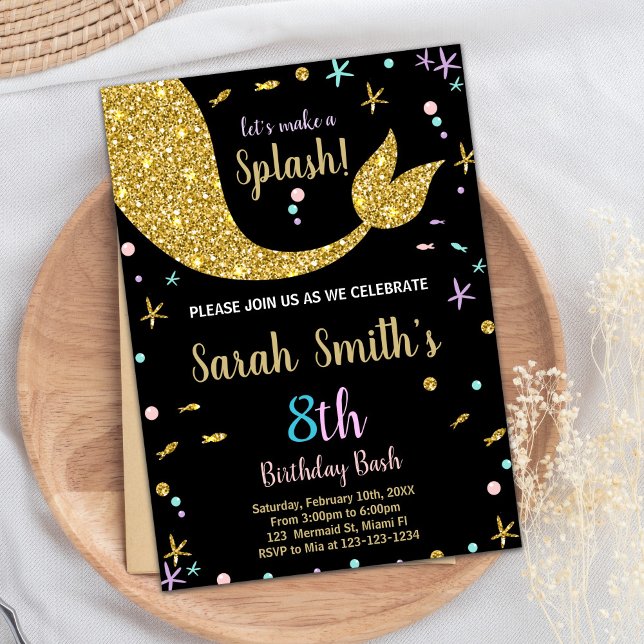 Bjud på Svan-födelsedagen i Golden Glitter Sjöjung Inbjudningar (Golden Glitter Mermaid Tail Birthday Invitations)
