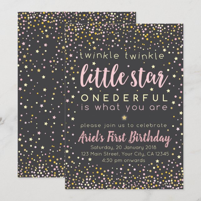 Bjud på Twinkle Little Star First Birthday Inbjudningar (Fram/baksida)
