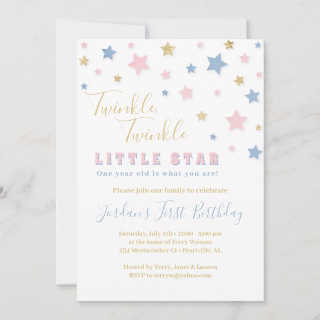 Bjud på Twinkle Little Star First Birthday Inbjudningar (Framsida)