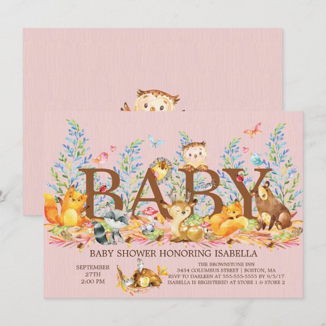 Bjud på Woodland Animals Girls Baby Shower-inbjuda Inbjudningar (Fram/baksida)