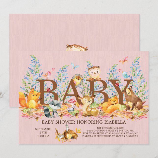 Bjud på Woodland Animals Girls Baby Shower-inbjuda Inbjudningar (Fram/baksida)
