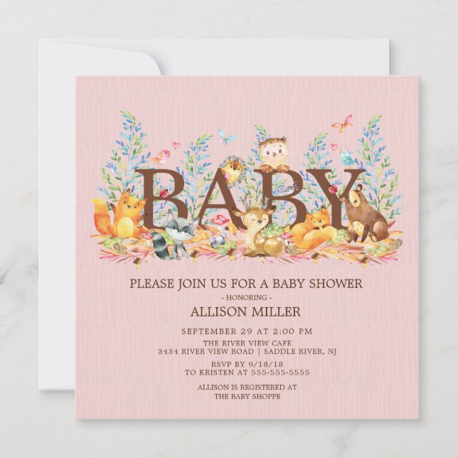 Bjud på Woodland Animals Girls Baby Shower-inbjuda Inbjudningar (Framsida)