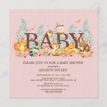 Bjud på Woodland Animals Girls Baby Shower-inbjuda