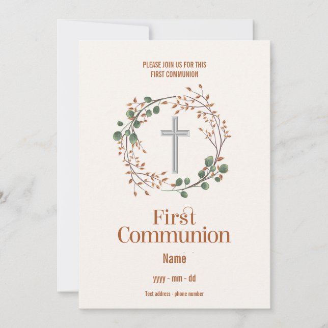 Bjud première Communion - Croix fleurie Inbjudningar (Framsida)