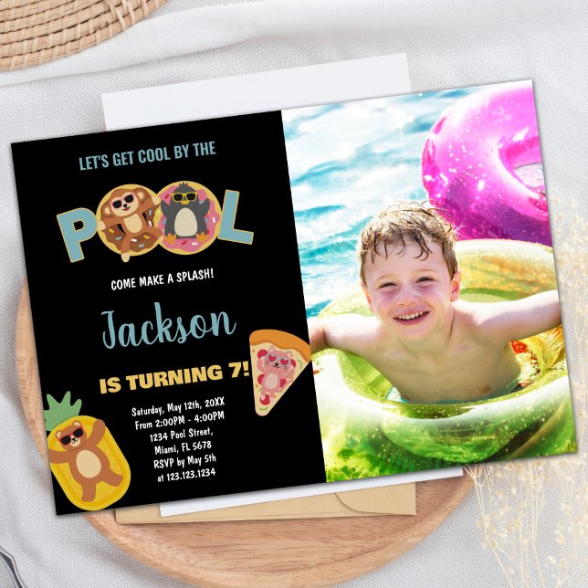 Bjud till 7:e Black Monkey Photo Bassäng Birthday- Inbjudningar (7th Black Monkey Photo Pool Birthday Invitations)