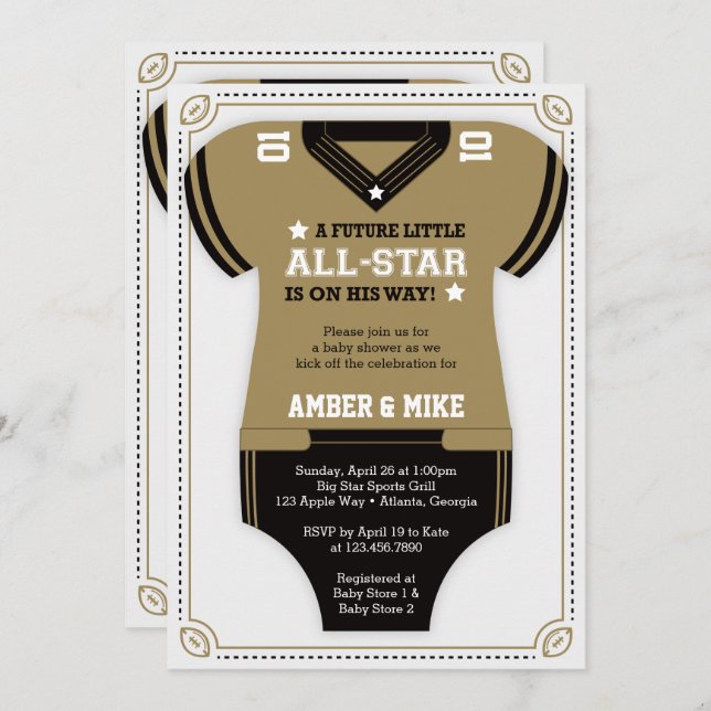 Bjud till babyskor, Guld, svart Inbjudningar (Fram/baksida)