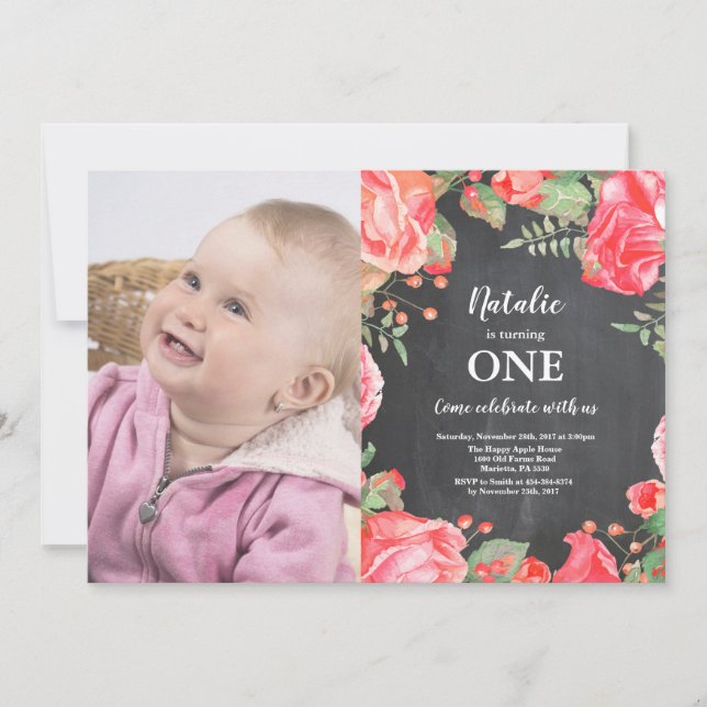 Bjud till botaniska rödröda Blommigten första föde Inbjudningar (Framsida)