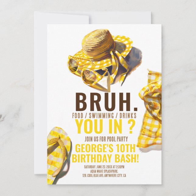 Bjud till födelsedagen i BRUH GULT Bassäng Party Inbjudningar (Framsida)