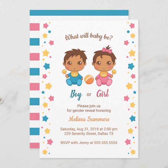 Bjud till Pojke Girl Gender Reveal Party Inbjudningar (Fram/baksida)