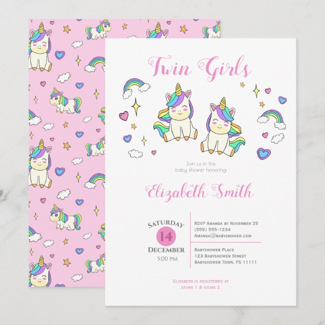 Bjud till Twin Girls Cute Unicorn-babydusch Inbjudningar (Fram/baksida)