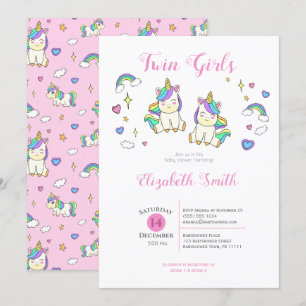 Bjud till Twin Girls Cute Unicorn-babydusch Inbjudningar