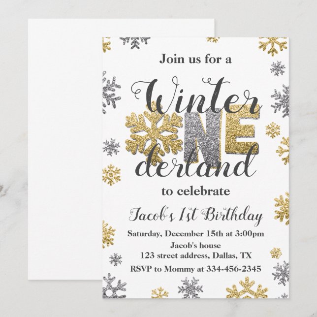 Bjud till Winter ONEderland Birthday bjudande Guld Inbjudningar (Fram/baksida)
