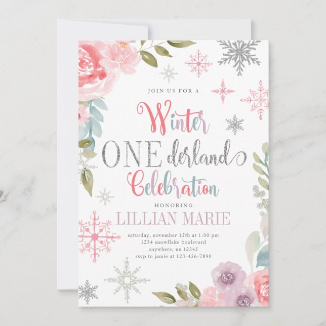 Bjud till Winter ONEderland Birthday med Flowers Inbjudningar (Framsida)