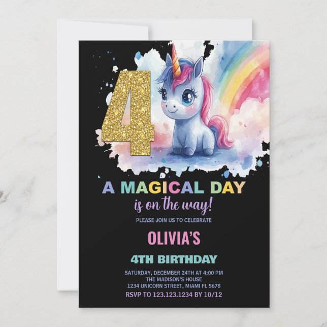 Bjuda in 4e födelsedagen Unicorn-födelsedagar Inbjudningar (Framsida)