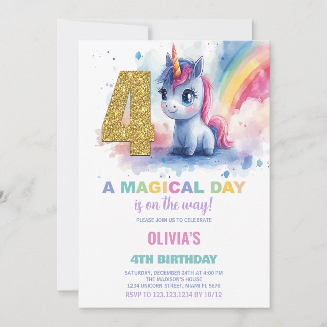 Bjuda in 4e födelsedagen Unicorn-födelsedagar Inbjudningar (Framsida)