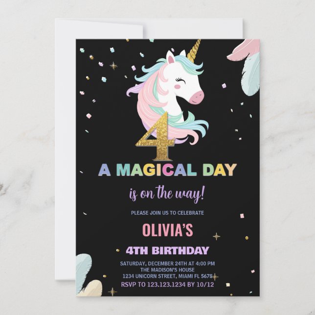 Bjuda in 4e födelsedagen Unicorn-födelsedagar Inbjudningar (Framsida)