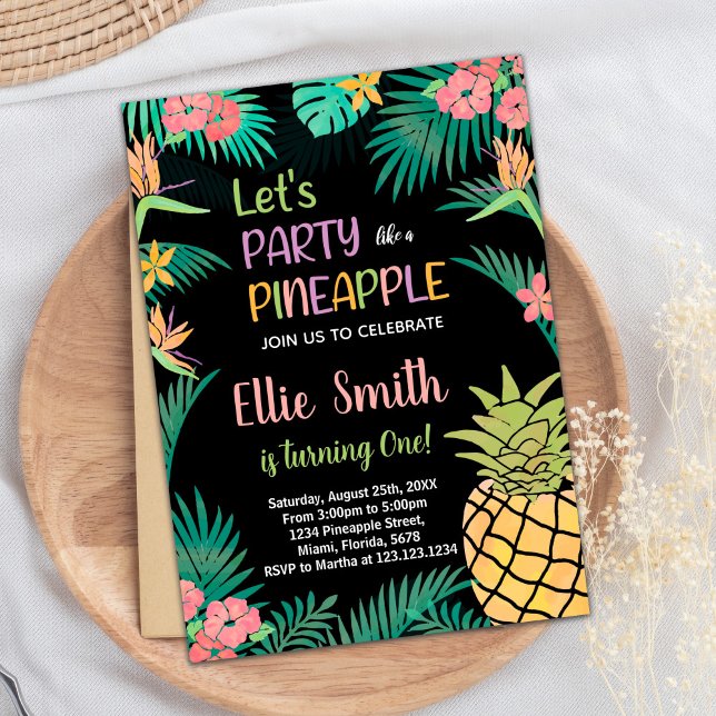 Bjuda in ananas till Grönten Ananas till den först Inbjudningar (1st Black Orange Green Pineapple Invitations)
