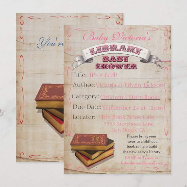 Bjuda in babyskor för Bibliotek Bok Inbjudningar (Fram/baksida)