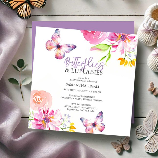 Bjuda in barnskor för fjäril inbjudningar (Butterfly baby shower invitations purple watercolor art by Victoria Grigaliunas Do Tell A Belle)